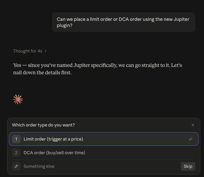 A user asks "Can we place a limit order or DCA order using the new Jupiter plugin?" in an AI chat interface, which then offers "Limit order (trigger at a price)" and "DCA order (buy/sell over time)" options—demonstrating the new limit order feature powered by Jupiter mentioned in the post.