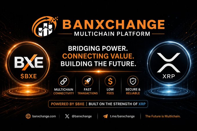 A promotional banner for "BANXCHANGE — Multichain Platform" featuring the $BXE and XRP token logos, highlighting features like multichain connectivity, fast transactions, low fees, and security, with the tagline "Bridging Power. Connecting Value. Building the Future."

The image ties into the post by showcasing $BXE as a multichain platform "powered by $BXE" and "built on the strength of XRP," visually reinforcing the claim that $BXE is positioned to help power media transactions on the XRP Ledger.