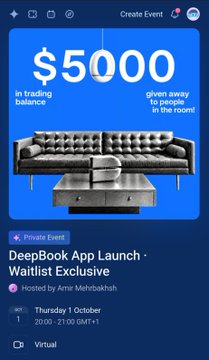 A digital event flyer advertises a 'DeepBook App Launch - Waitlist Exclusive' hosted by Amir Mehrbakhsh on Thursday, October 1st at 20:00 GMT+1, offering a $5000 trading balance prize.