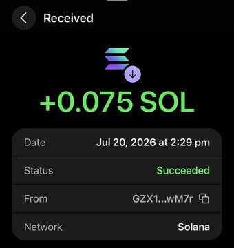 A cryptocurrency wallet screenshot showing a successful receipt of +0.075 SOL on the Solana network from address GZX1...wM7r, dated Jul 20, 2026 at 2:29 pm.
