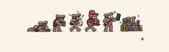 A cartoon illustration depicts six stages of a "trenches" character progression—from a bedridden sloth, through increasingly energetic figures holding coffee and phones, to a worker in a red hard hat, ending with a wealthy character lounging on stacks of coins. The sequence humorously visualizes the "grind to riches" meme that aligns with the post promoting tren.ch/@oxtochi as a Solana-based attention market.