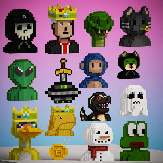 A collection of 3D voxel-style characters including a grim reaper, a king with a crown, various green aliens, a sword, a turtle, a dragon, a duck wearing a crown, a ghost, a snowman, and a Bitcoin coin are arranged against a pink-to-blue gradient background.