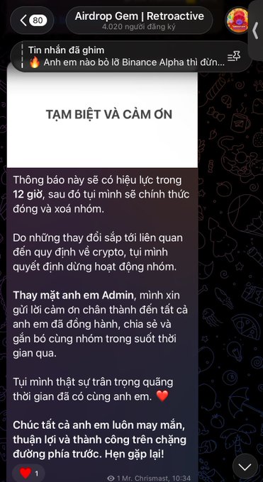A Telegram screenshot from the channel 'Airdrop Gem | Retroactive' showing a pinned message titled 'TAM BIỆT VÀ CẢM ƠN' (Goodbye and Thank You) in Vietnamese, announcing the closure of a crypto group after 12 hours due to new regulations.