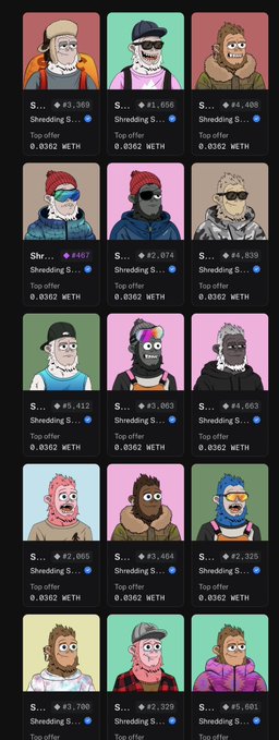 A screenshot displaying a grid of NFT profile pictures (PFPs) on a platform, with each cartoon-style character having a top offer of 0.0352 ETH listed beneath it.
