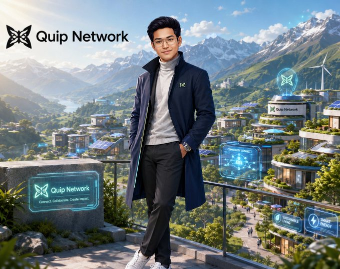A man wearing a coat with a butterfly logo stands overlooking a futuristic eco-city branded with "Quip Network" and slogans like "Connect. Collaborate. Create Impact" and "SMART ENERGY."