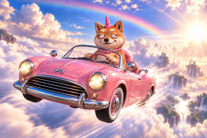 An AI-generated image of a smiling Shiba Inu dog wearing a unicorn horn and pink collar driving a pink convertible through the clouds beneath a rainbow.