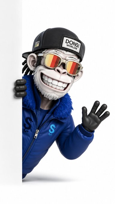 A cartoon monkey character wearing a "DONS! WORLD" cap, reflective sunglasses, and a blue fur-lined jacket peeks from behind a white panel, flashing a wide grin and waving. The image's upbeat, persistent energy mirrors the post's motivational message to keep building and grinding, as one breakthrough can transform everything.