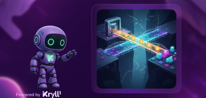 A promotional graphic featuring a purple robot character powered by Krypt, with an inset showing a treasure/chest game scene with bridges and gems.
