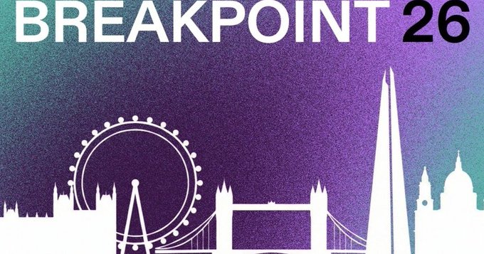 A stylized banner for "BREAKPOINT 26" featuring white silhouettes of London landmarks, including the London Eye, Tower Bridge, The Shard, and St. Paul's Cathedral, against a purple and teal gradient background.