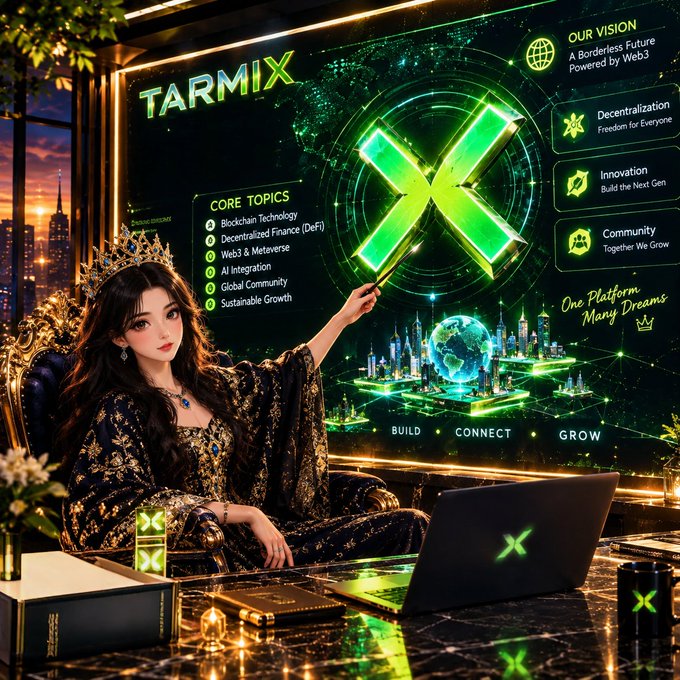 An AI-generated promotional image for 'TARMIX' featuring a woman with a crown in a luxurious setting, displaying topics like Blockchain Technology, DeFi, and Web3 Metaverse with the tagline 'One Platform. Many Dreams.'