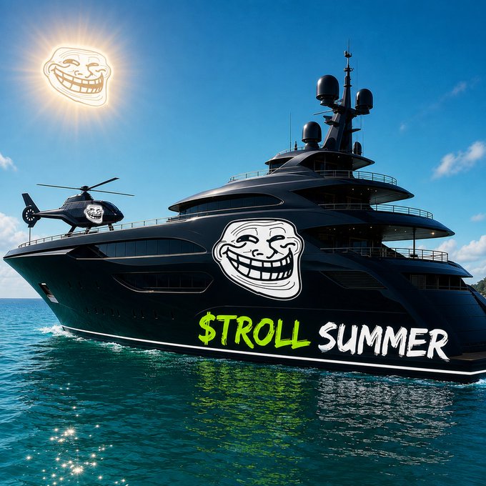 A black luxury yacht featuring a large trollface meme and the text '$TROLL SUMMER' sits on turquoise water, with a troll-faced sun in the sky and a matching meme helicopter on deck.