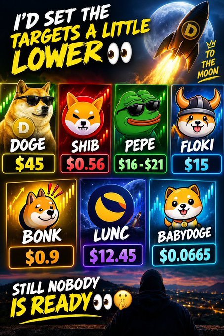 A meme-style infographic displays cryptic price targets for seven cryptocurrencies, including DOGE at $45, SHIB at $0.56, PEPE at $16-$21, FLOKI at $15, BONK at $0.9, LUNC at $12.45, and BABYDOGE at $0.0665, each featured above a cartoon mascot against a space-themed backdrop with a rocket heading to the moon. The bold text "I'D SET THE TARGETS A LITTLE LOWER" at the top and "STILL NOBODY IS READY" at the bottom reinforces the post's message, framing these ambitious price predictions as bold but underappreciated calls.