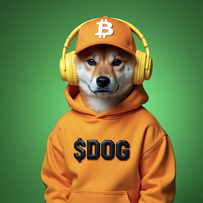 A digital illustration of a Shiba Inu dog wearing an orange cap with a Bitcoin '₿' symbol, yellow headphones, and an orange hoodie with '$DOG' written on it against a green background.