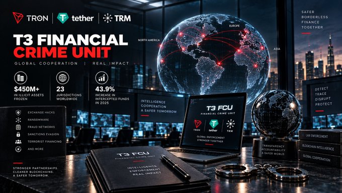 A promotional graphic for the T3 Financial Crime Unit featuring logos for TRON, Tether, and TRM, highlighting statistics like $450M+ in illicit assets frozen and 43.9% increase in intercepted funds in 2025, with a global network visualization.