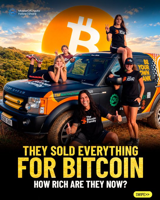 A family of five poses with a Bitcoin-branded Land Rover SUV beneath a large Bitcoin logo, promoting a "MasterOfCrypto" video about how their 2017 all-in Bitcoin bet paid off. Visible text includes "THEY SOLD EVERYTHING FOR BITCOIN," "HOW RICH ARE THEY NOW?" and "The Bitcoin Family" branding, teasing the results of their bold financial gamble.