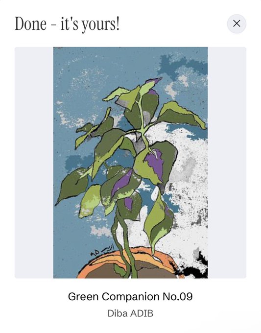 A digital art purchase confirmation screen shows a stylized illustration titled 'Green Companion No.09' by Diba ADIB, depicting a potted plant with green leaves against a blue sky.
