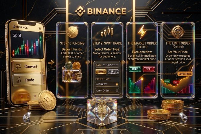 A Binance trading tutorial graphic showing a smartphone interface and steps for trading: 'STEP 1: FUNDING', 'STEP 2: SPOT TRADE', 'THE MARKET ORDER', and 'THE LIMIT ORDER' with gold coins and cryptocurrency imagery.
