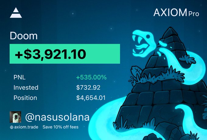 An Axiom Pro trading dashboard displays a position called 'Doom' by @nasusolana with a profit of +$3,921.10, a +535.00% PNL, $732.92 invested, and a $4,654.01 position value.