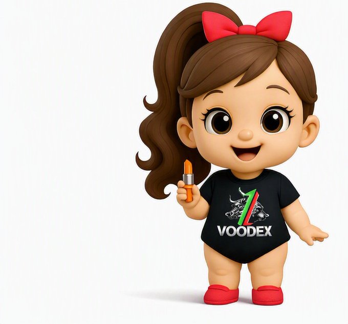 A 3D-rendered cartoon character of a smiling girl with a brown ponytail and a red bow, wearing a black t-shirt with a bull logo and the word 'VOODEX' in white text, holding a tube of lipstick.