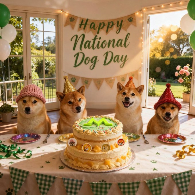 Four Shiba Inu dogs wearing party hats at a 'Happy National Dog Day' celebration, gathered around a decorated birthday cake on a festively adorned table.