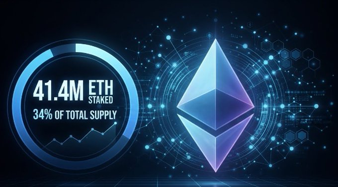 A digital graphic displays a glowing Ethereum (ETH) logo alongside a circular gauge reading '41.4M ETH STAKED' and '34% OF TOTAL SUPPLY' on a dark blue technological background.