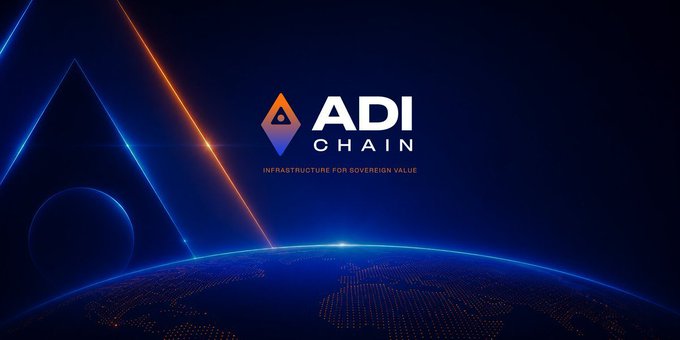 The image features the ADI Chain logo—a stylized orange and blue "A" emblem—alongside the text "ADI CHAIN" and the tagline "INFRASTRUCTURE FOR SOVEREIGN VALUE," set against a dark cosmic background with glowing blue and orange lines arching over a digital globe. It visually reinforces the post's introduction of ADI Chain as a legitimate, institutional-grade L2 public chain backed by Abu Dhabi's IHC, projecting an image of technological sophistication and global infrastructure.