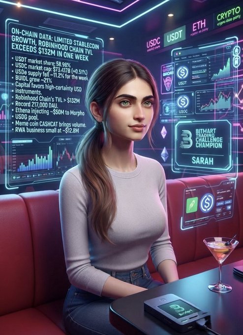 A young woman named Sarah stands in a neon-lit, futuristic bar with crypto-themed holographic screens displaying data about ETH, USDT, USDC, and on-chain stablecoin growth, including text about 'USDT market share: 58.98%', 'Robinhood Chain's TVL > $132M', and a 'BITMART TRADING CHALLENGE CHAMPION' badge.