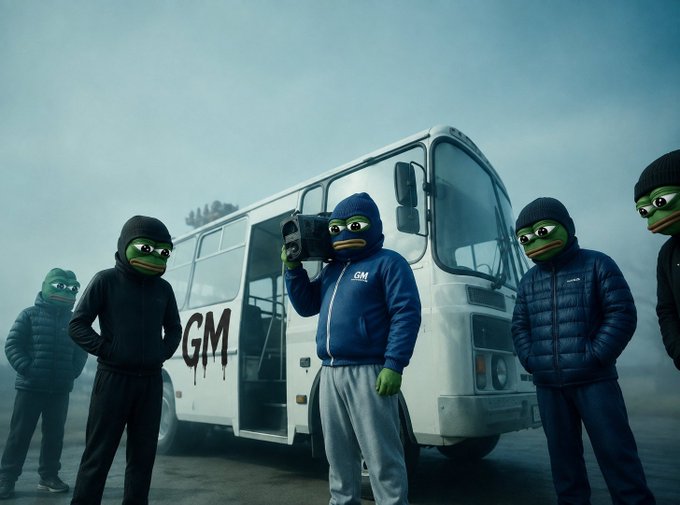 A group of green-faced figures wearing beanies and puffer jackets stand in a foggy, atmospheric setting around a white van marked with graffiti reading "GM," with one central figure in a blue hoodie labeled "GM" holding up a camera. The image ties directly to the post's "NFTman" and "Gm" (good morning) web3 culture references, blending the classic "GM" greeting with meme-style characters in a moody, streetwear-inspired scene.