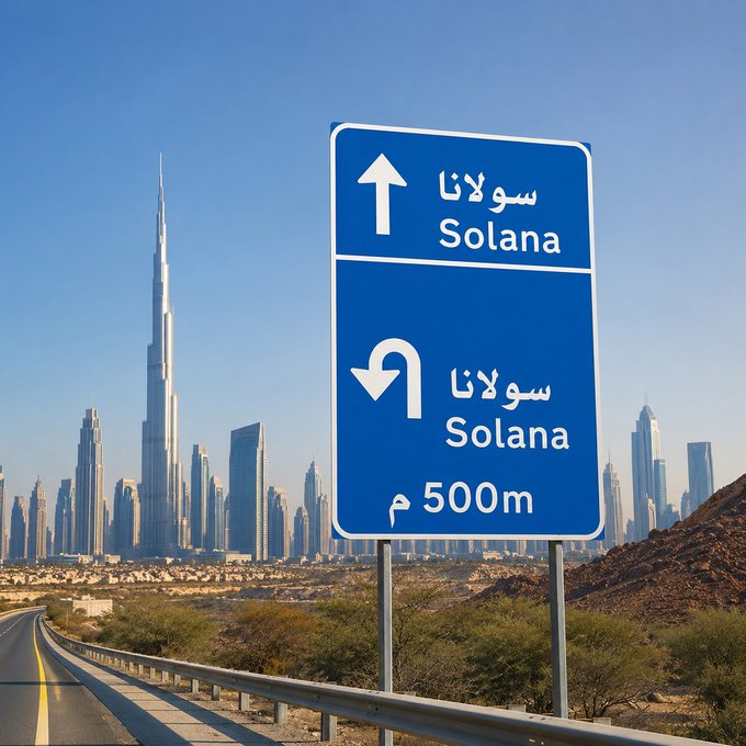 A blue highway sign directs drivers to "Solana" in both Arabic (سولانا) and English, with arrows pointing straight and to a U-turn in 500m, set against a desert highway leading toward the Dubai skyline featuring the Burj Khalifa—visually reinforcing the post's message that "all roads lead to Solana."