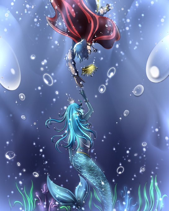 A red-caped underwater figure descends from above, offering a glowing golden box down to a teal-haired mermaid who reaches upward, surrounded by bubbles and aquatic plants in a mystical blue underwater scene. The artwork titled "Guardian Of Lakes" appears to depict a symbolic exchange between a guardian above and a mermaid below, fitting the NFT listing context.