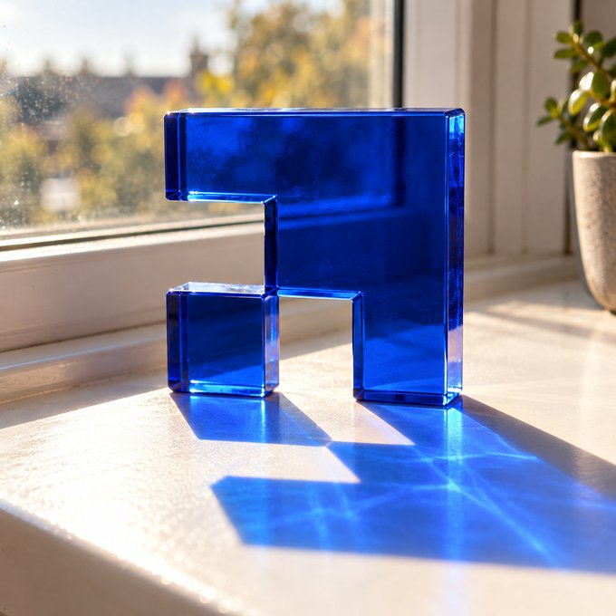 A blue glass chair sculpture sits on a sunlit windowsill, casting a blue reflection on the surface beside a potted plant.