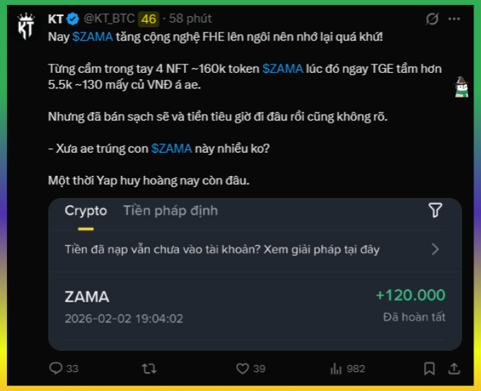 A Vietnamese Twitter/X post by @KT_BTC discussing the $ZAMA token and FHE technology, showing a Binance crypto transaction confirmation of +120,000 ZAMA tokens.
