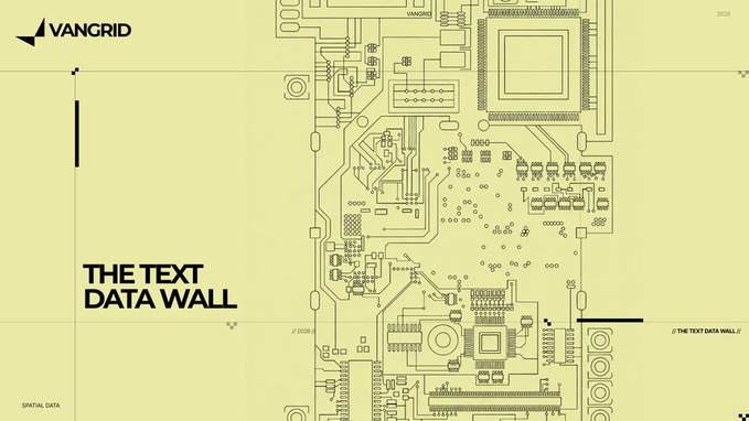 A pale yellow tech-themed poster with the text 'VANGIRD', 'THE TEXT DATA WALL', and '// THE TEXT DATA WALL //' displayed alongside intricate circuit board line art.