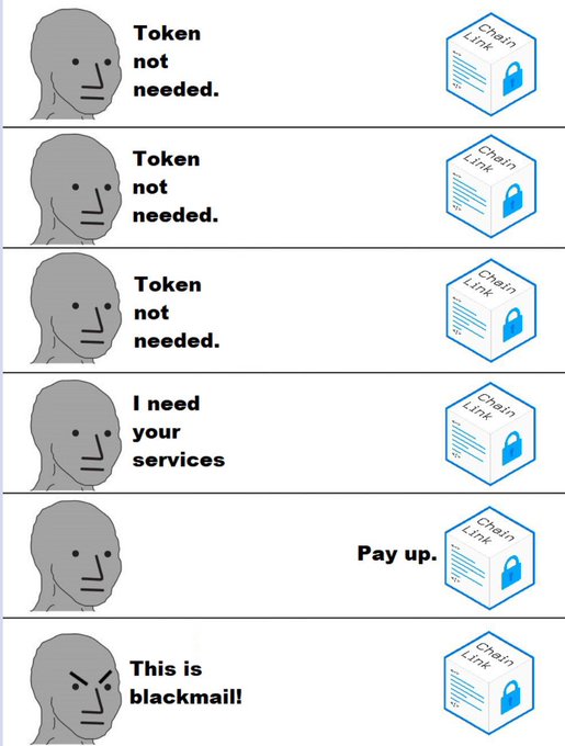 A six-panel comic featuring the 'NPC Wojak' meme interacting with ChainLink, humorously depicting how saying 'I need your services' to ChainLink results in 'This is blackmail!'