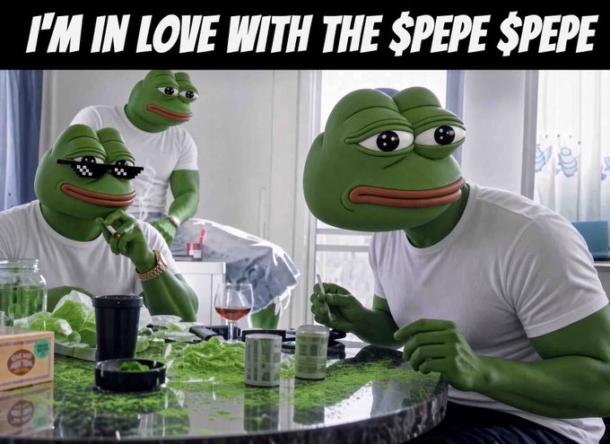 Three Pepe the Frog characters sit at a table with green powder, jars, and rolling supplies, under text reading "I'M IN LOVE WITH THE $PEPE $PEPE".