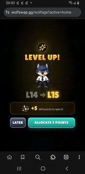A mobile game screenshot shows a 'LEVEL UP!' notification on wolveswap.gg/wolfage, indicating progression from L14 to L15 for a blue wolf character.