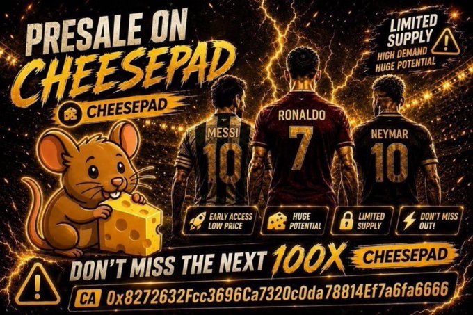 The image features a poster advertising a new product called "Cheesepad" that is related to the World Cup theme. The poster includes a cartoon mouse holding a piece of cheese, symbolizing the product's association with cheese products or snacks. The text on the poster highlights the product as being available for purchase at a high demand and emphasizes its exclusivity due to limited supply. The poster also mentions that it is exclusively available for pre-sale on Cheesepad.