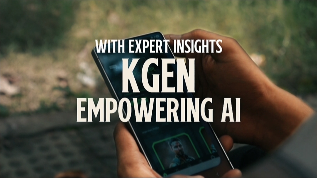 A promotional image featuring hands holding a smartphone with overlaid text reading 'WITH EXPERT INSIGHTS KGEN EMPOWERING AI'.