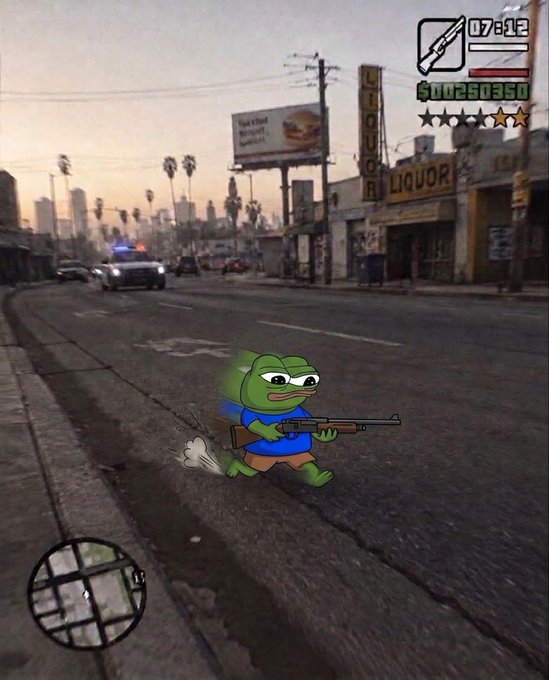 A screenshot from Grand Theft Auto: San Andreas featuring a Pepe the Frog character holding a shotgun in the streets, with the game's HUD showing $00250950, weapon icon, wanted stars, and minimap.