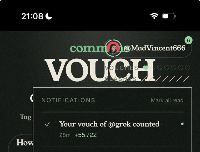 A screenshot showing a "VOUCH" interface with the username @MadVincent666 and a notification that "Your vouch of @grok counted" with "+55,722" points from 28 minutes ago. The image relates to the post's claim about vouch errors, as it displays a vouch that was apparently given for @grok—possibly one of the "mistakes" the user @Slayed_eth is demanding be refunded.