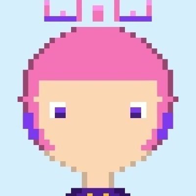 A pixel art portrait of a character with pink hair, purple eyes, and purple headphones against a light blue background.