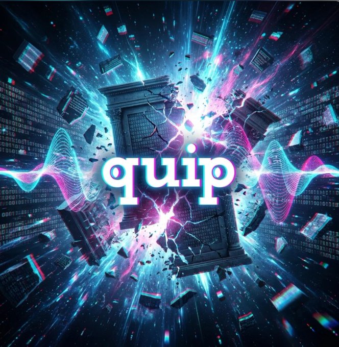 Dramatic digital artwork with the word 'quip' in bold white letters over a shattered monolith surrounded by exploding binary code and neon light waves.