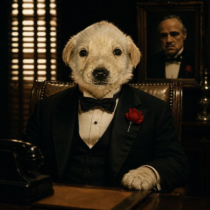 A golden retriever puppy dressed in a black tuxedo with a red rose boutonniere sits at a desk in front of a vintage telephone, with a portrait resembling The Godfather hanging on the wall behind it.