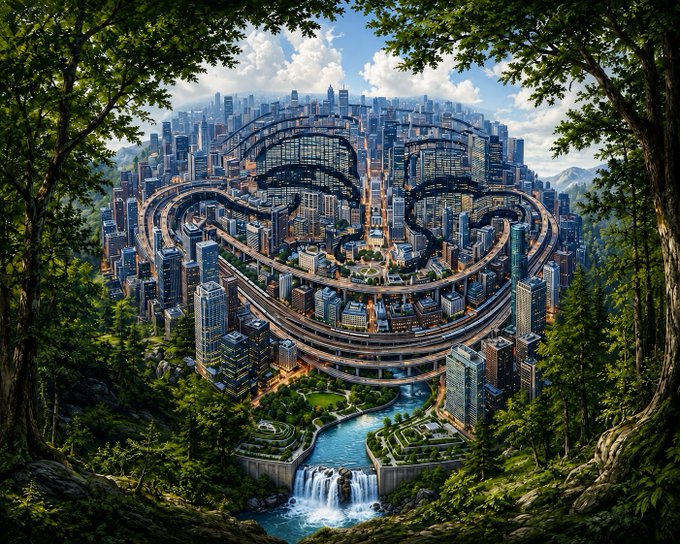 A surreal digital artwork depicting a sprawling, futuristic city built into a circular depression surrounded by lush green forest, with a river and waterfall flowing out from its center.