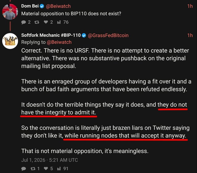 A screenshot of a X post by Dom Bei (@Beiwatch) asking "Material opposition to BIP110 does not exist?" with a highlighted reply from Softfork Mechanic (@GrassFedBitcoin) arguing that critics of BIP-110 are "brazen liars" running nodes that will accept it anyway, characterizing their opposition as "meaningless."
