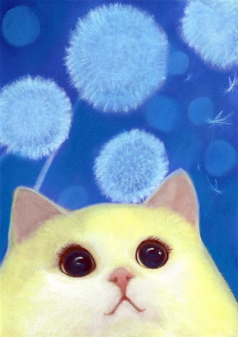 A whimsical painting shows a wide-eyed yellow and white cat gazing upward at fluffy dandelion seed heads floating against a vibrant blue background.