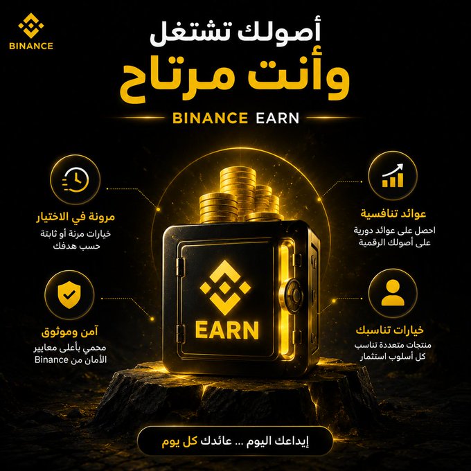 The image is a Binance Earn promotional graphic in Arabic featuring a golden safe overflowing with coins, highlighting key features like flexible selection, competitive yields, security, and multi-asset options with the tagline "أموالك تشتغل وأنت مرتاح" (Your money works while you're at ease), directly reinforcing the post's message about making crypto assets like $BTC, $BNB, and $USDT generate passive income rather than sitting idle.