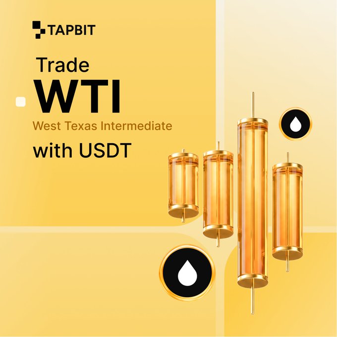 A promotional graphic for Tapbit advertising 'Trade WTI West Texas Intermediate with USDT' featuring golden cylindrical tanks and oil droplet icons on a yellow background.