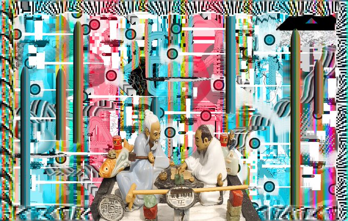 A vibrant, glitch-art style collage featuring two elderly Asian figurines in white robes having tea together, set against a chaotic background of cyan, pink, and white geometric patterns and digital noise.