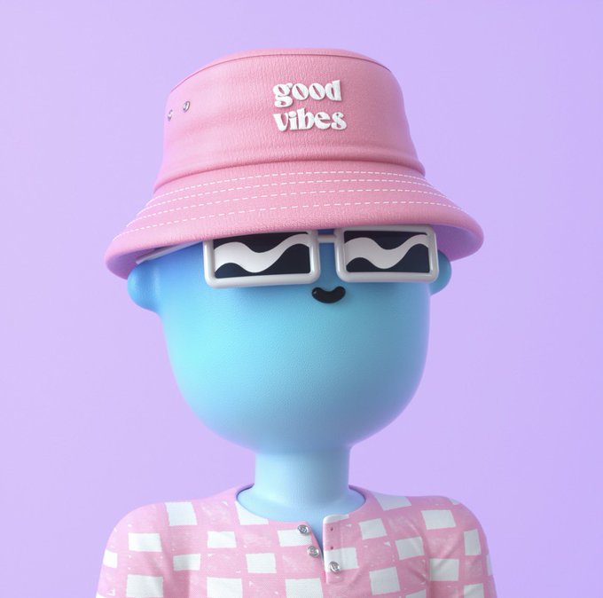 A blue 3D-rendered character wearing a pink bucket hat with 'good vibes' text, white sunglasses, and a pink checkered shirt, set against a solid light purple background.